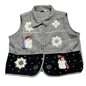 CAROLINA‎ COLOURS Women's 22/24 Vintage Wool Gray Snowman Snowflake Button Vest
